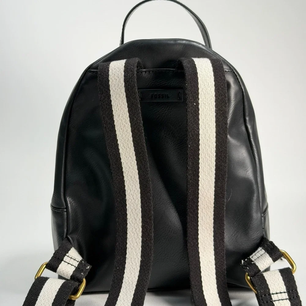 Fossil Megan Mini Backpack Women Small Black White Perforated Leather Stripe Bag